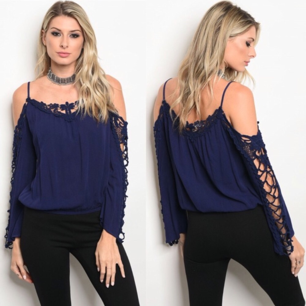Navy Lace Trim Long Sleeve Top